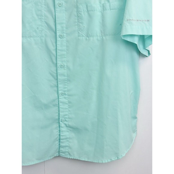 Columbia PFG Fishing Shirt Mens Large L Mint Short Sleeve Omni Shade Vented Logo - Picture 4 of 6